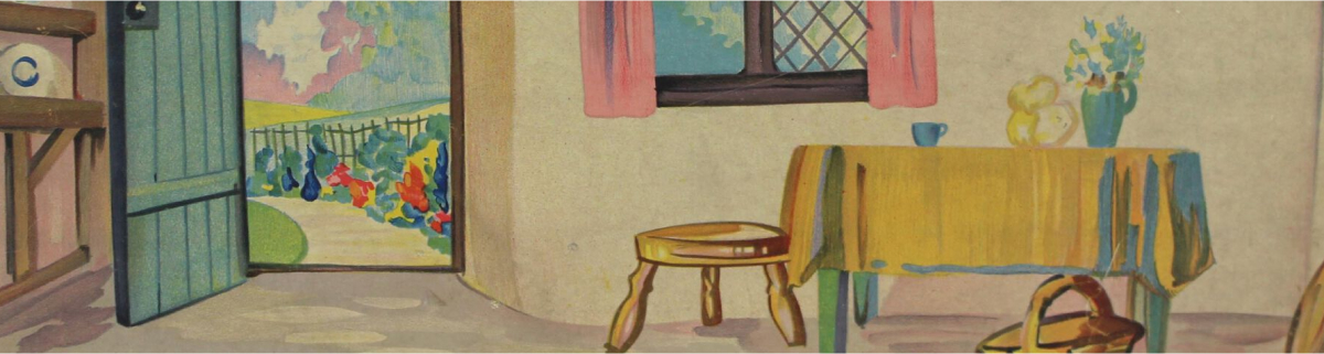 Illustration of a room with a table and chair.