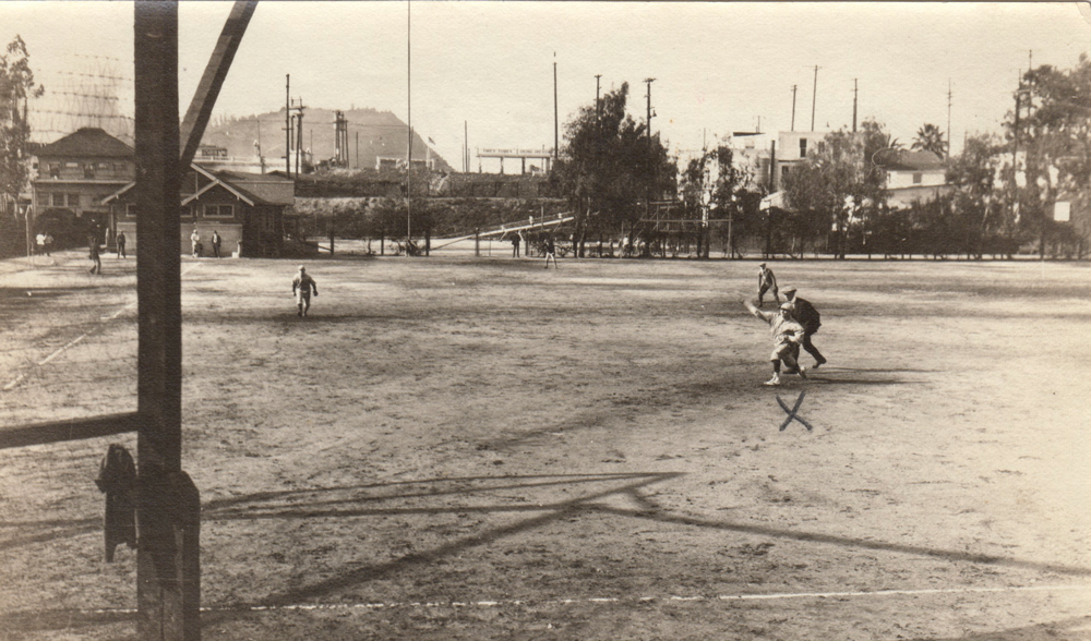 Hugh pitching (marked with an X)